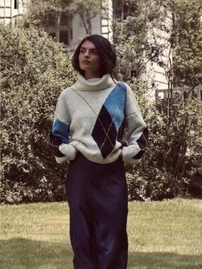 Lili Sidonio Argyle Turtleneck Sweater M/L Cozy Knit Pullover Blue Black Cream